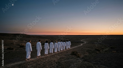 Group of People in White Robes Walking Along a Desert Path at Twilight Under the Crescent Moon