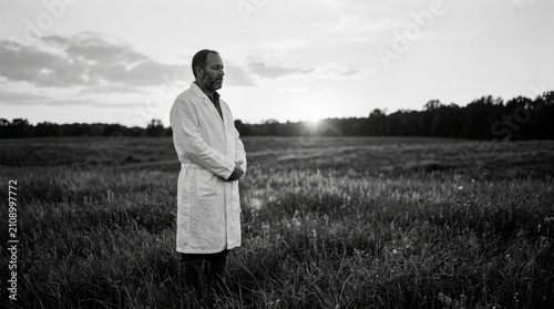 A thoughtful scientist in a white coat stands alone in a vast rural field during sunset