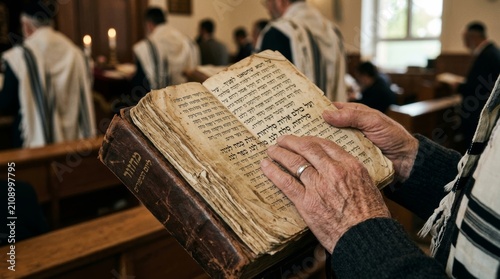 Elderly Jewish Man Holding and Reading an Antique Hebrew Prayer Book During Morning Service in a Traditional Synagogue Setting