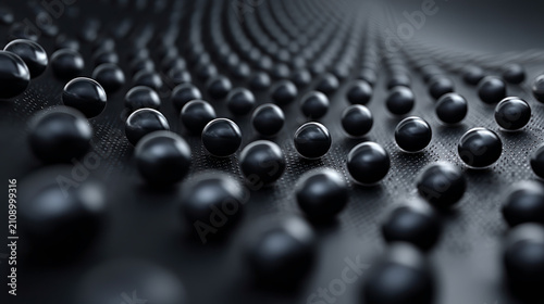 Close-up of numerous glossy black spheres aligned in rows on textured surface with depth and focus