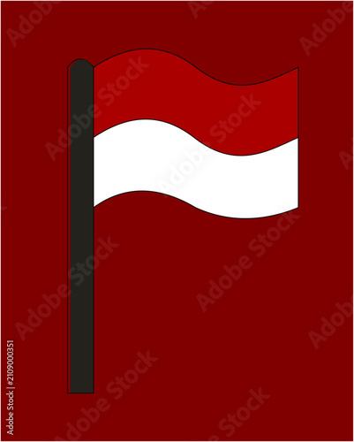 Illustration of the red and white Indonesian national flag waving on a dark flagpole against a dark red background.