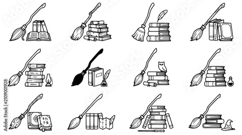 Konstfotografi Magical Books and Broomstick Collection: Fantasy Wizardry Icons