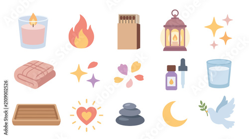 Collection of icons representing relaxation, wellness, and self-care activities.