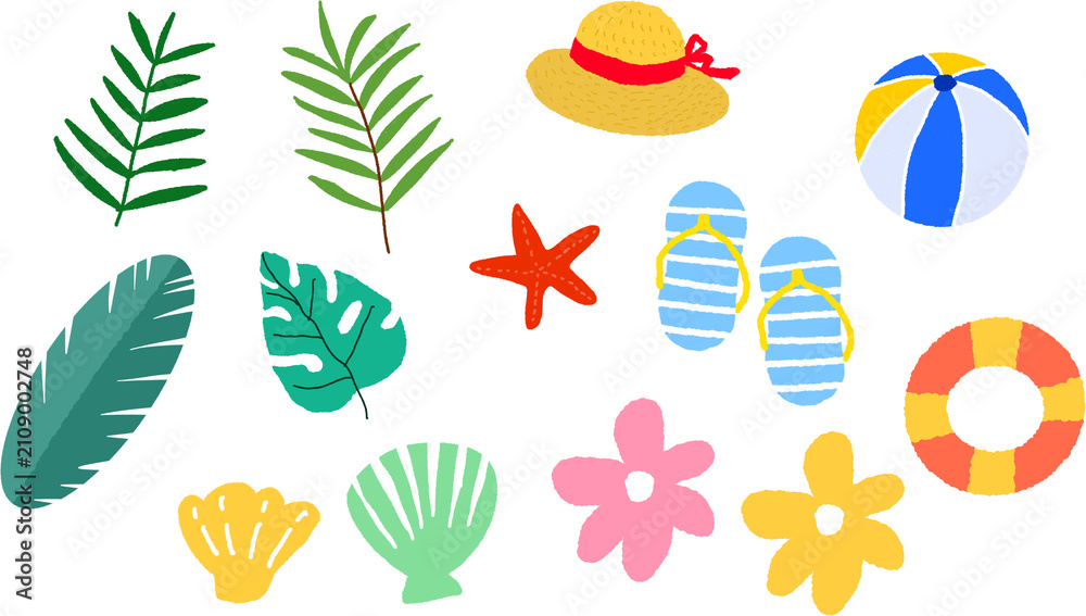 Obraz premium Summer vacation icon set with tropical palm leaves, beach hat, flip flops, lifebuoy, beach ball, starfish, and seashells isolated on white background