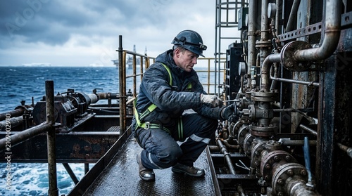 Offshore worker in harsh conditions performs maintenance on oil rig equipment