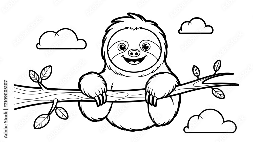 Obraz premium Happy sloth hanging on a tree branch cartoon coloring page for children with coloring illustration monochrome