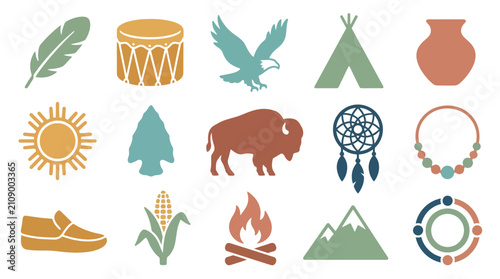 Collection of Native American cultural symbols and icons, including a feather, drum, eagle, teepee, and pottery.