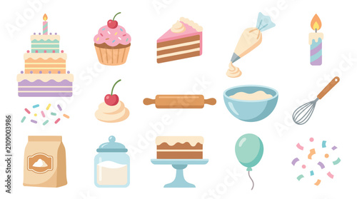 Collection of baking and celebration icons including cakes, cupcakes, ingredients, and decorations.