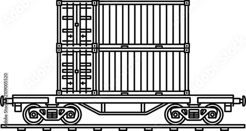 Black and white line art illustration of a freight train car carrying stacked shipping containers.