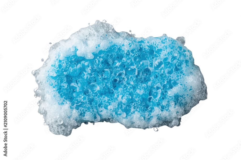 Fototapeta premium Blue soap foam with abundant suds and bubbles. Cleaning or washing liquid lather on transparent background