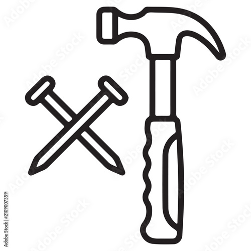 Construction Tools Hammer Nails Outline Icon for Building Repair Ui Design