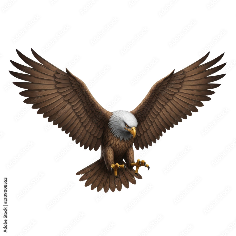 Fototapeta premium A majestic bald eagle with outstretched wings, poised for flight against a pristine white background