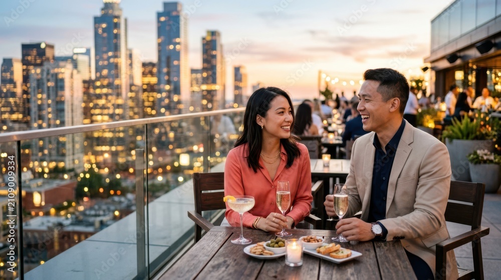 Obraz premium Couple enjoys drinks and city views from a rooftop restaurant at sunset