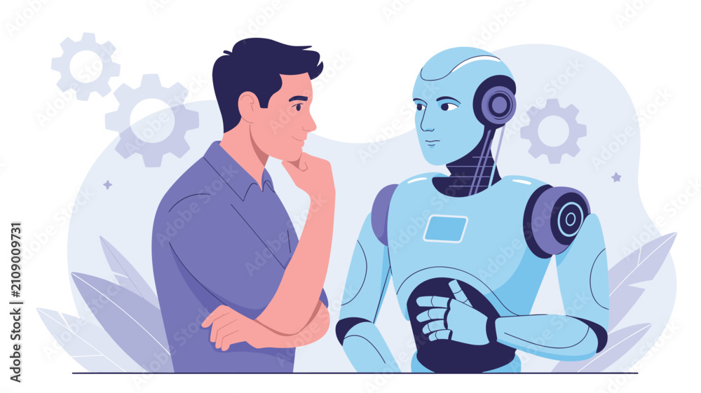 Fototapeta premium Concept of artificial intelligence and human interaction with a man and a futuristic robot looking at each other against a gear background.