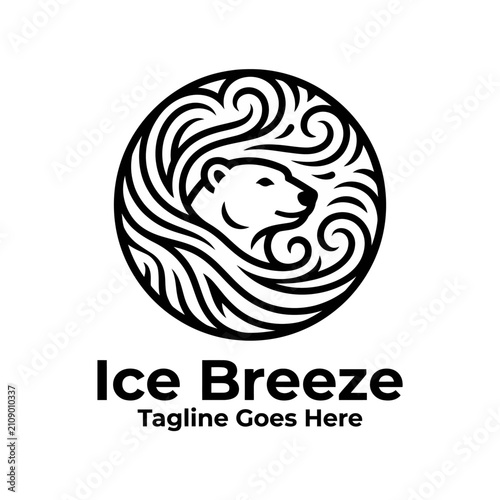 Minimalist polar bear head integrated into a circular wavy wind pattern for environmental branding.