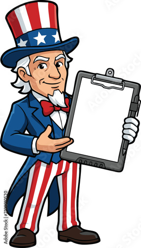 Uncle Sam Holding Blank Clipboard for Patriotic Message or Survey