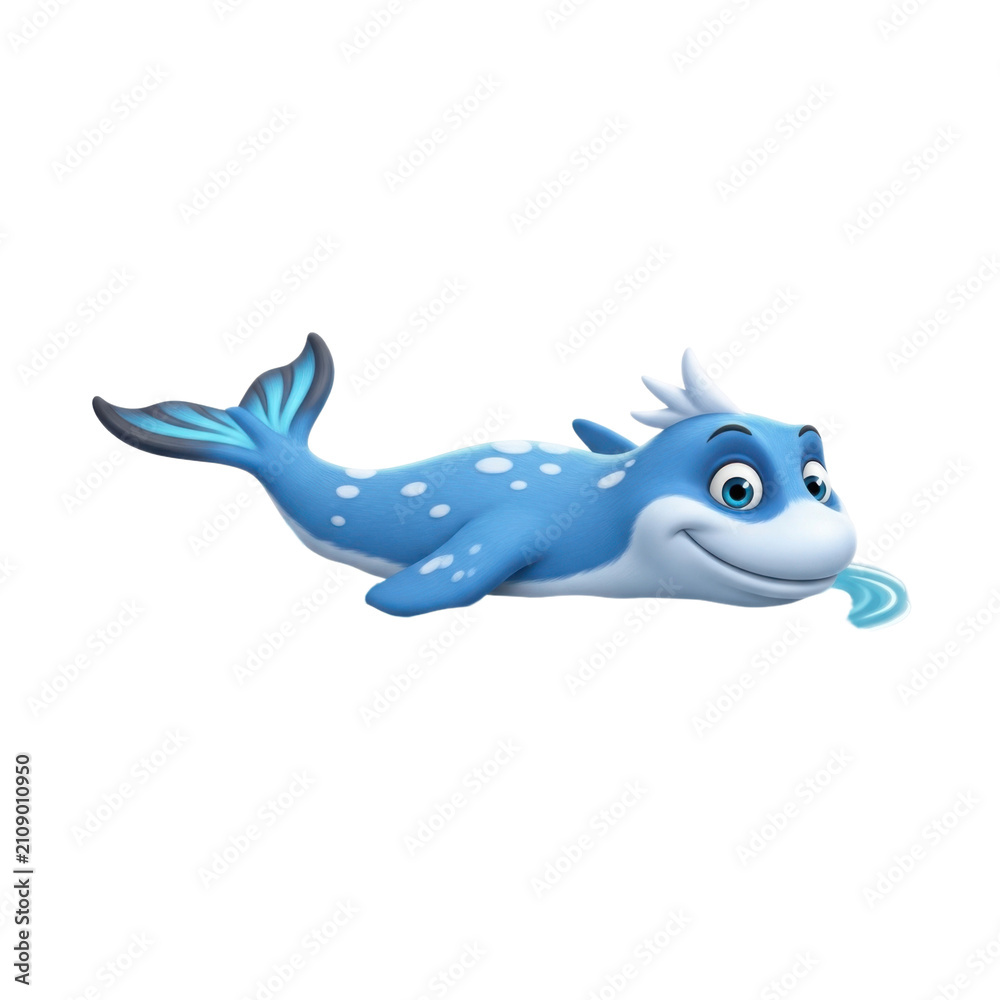 Fototapeta premium Cute blue cartoon dolphin with white spots and friendly expression swimming in the ocean