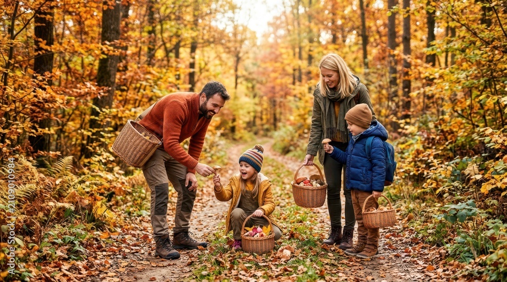 Obraz premium Family enjoys mushroom hunting in a vibrant autumn forest with colorful foliage