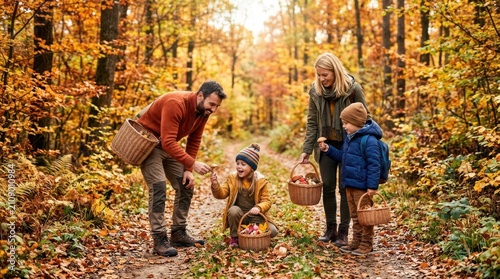 Family enjoys mushroom hunting in a vibrant autumn forest with colorful foliage
