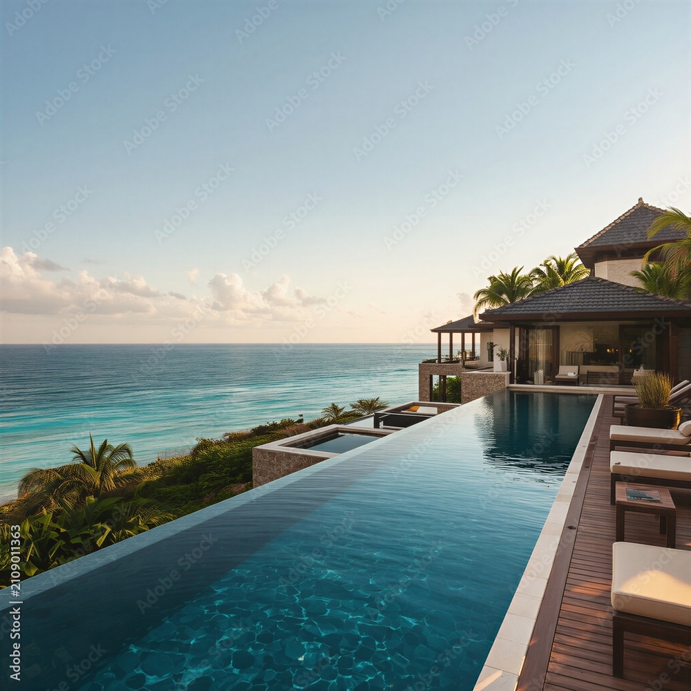 Fototapeta premium Exclusive Tropical Beachfront Villa with Oceanfront Infinity Pool at Golden Hour
