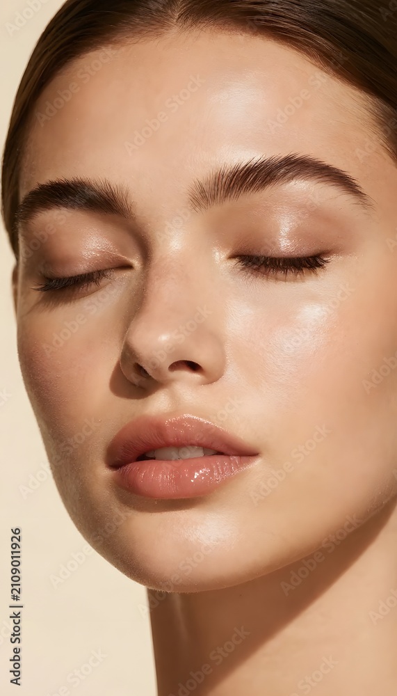 Obraz premium Luxury Beauty Portrait of Young Woman with Glowing Skin and Closed Eyes in Warm Sunlight
