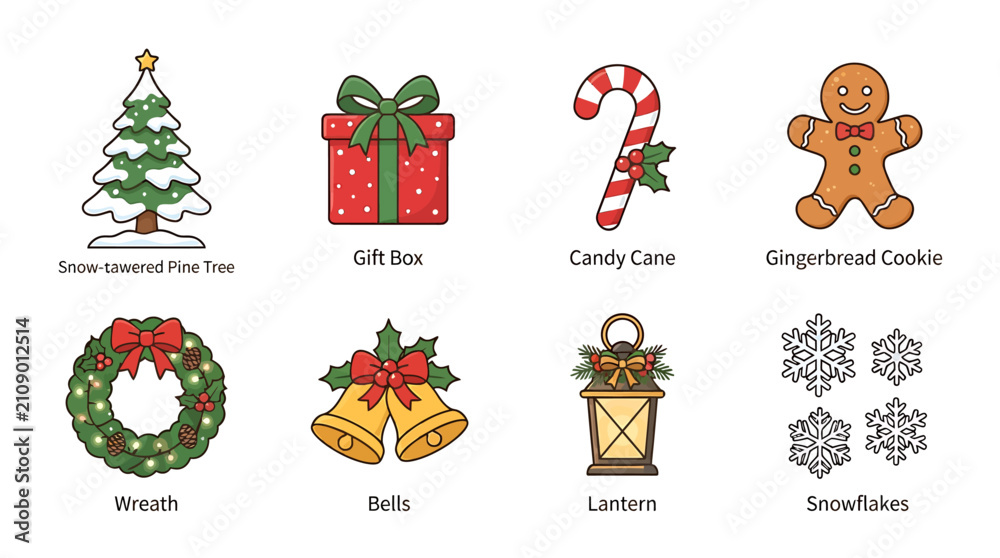 Fototapeta premium Set of colorful Christmas holiday icons featuring traditional festive elements and winter decorations.