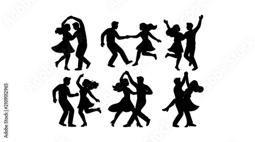 Canvastavla Silhouette illustration of people dancing in pairs joyfully isolated on transpar