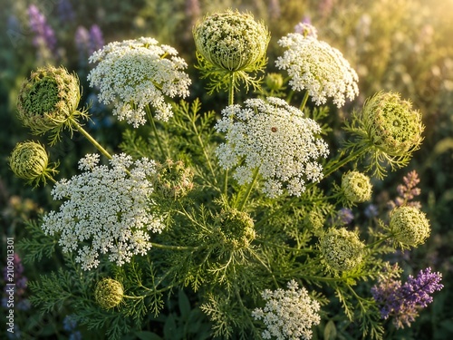 Wild Queen Anne's Lace Flowers Growing in a Green Meadow Under Warm Summer Sunlight