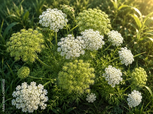 Wild Queen Anne's Lace Flowers Growing in a Green Meadow Under Warm Summer Sunlight