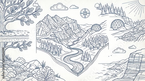 Geologic landscape diagram with diverse biomes