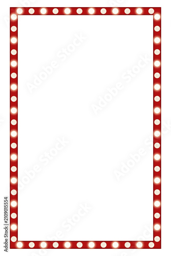 Retro red marquee light frame with glowing bulbs, vertical blank theater sign vector illustration