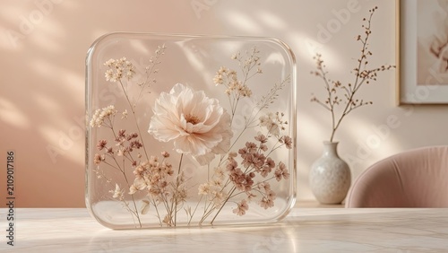 Elegant floral arrangement encased in transparent resin on a soft neutral background perfect for home decor and aesthetic design
