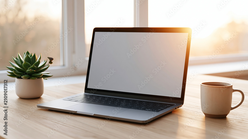 Fototapeta premium Silver laptop computer with succulent plant and ceramic mug on wooden desk.