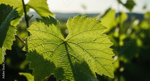 Sunlit grape vine leaf in a vineyard at sunset.