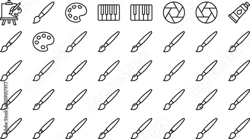 Cuadro en lienzo Creative arts icon set featuring numerous paintbrushes palette easel piano keys