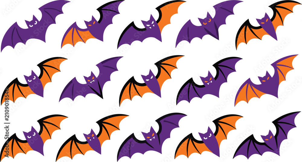 Fototapeta premium Cute Halloween bat sticker set collection vector illustration with various spooky purple and orange designs