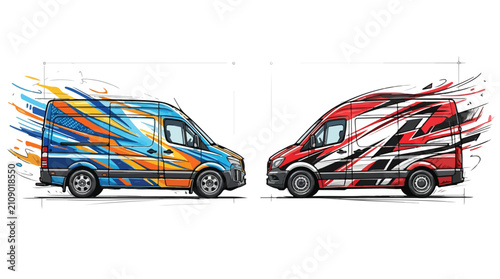 Dynamic vehicle wrap design for commercial vans, modern racing livery with abstract geometric speed lines, professional car branding vector illustration