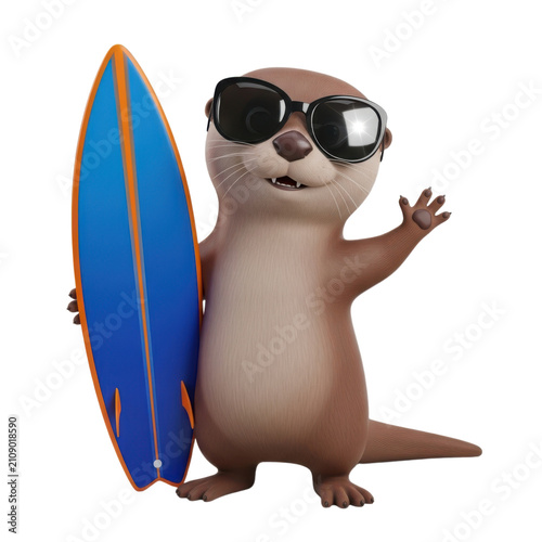 3D cartoon otter wearing sunglasses holding a blue surfboard with orange trim and waving cheerfully against a clean white background
