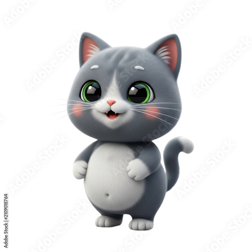 Cute gray cartoon kitten with big green eyes, fluffy white belly, and playful expression standing on a clean white background