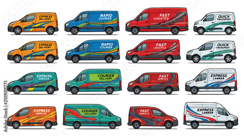 Delivery van branding set, 16 commercial vehicle wrap designs, courier transport fleet graphics, express shipping car decals in vector format