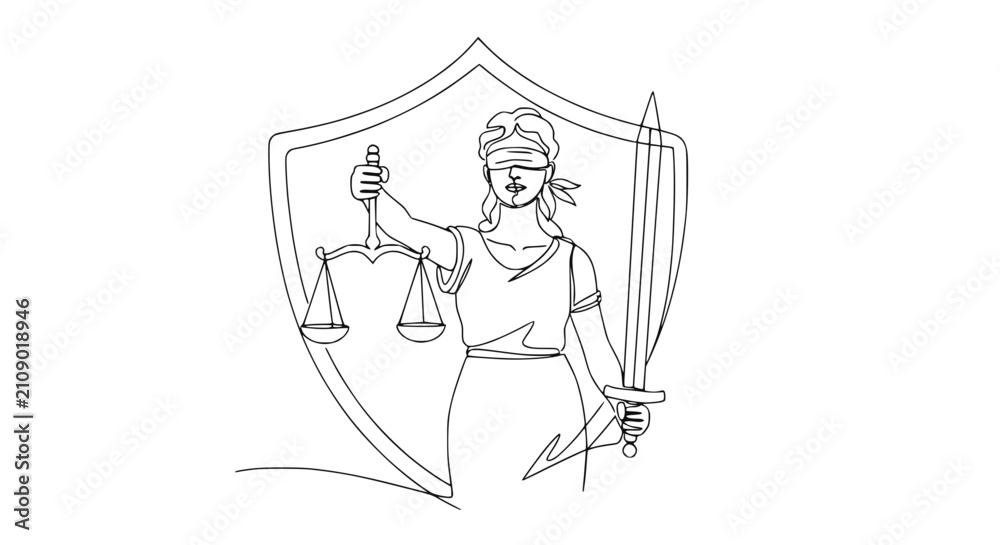 Obraz premium Lady Justice, Scales of Justice, Sword, Blindfold, Shield, Legal Symbol, Continuous Line Drawing