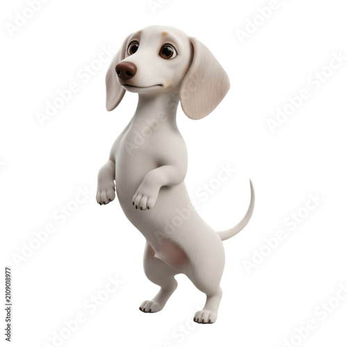3D animated white dachshund standing upright with expressive eyes and soft fur on a clean white background