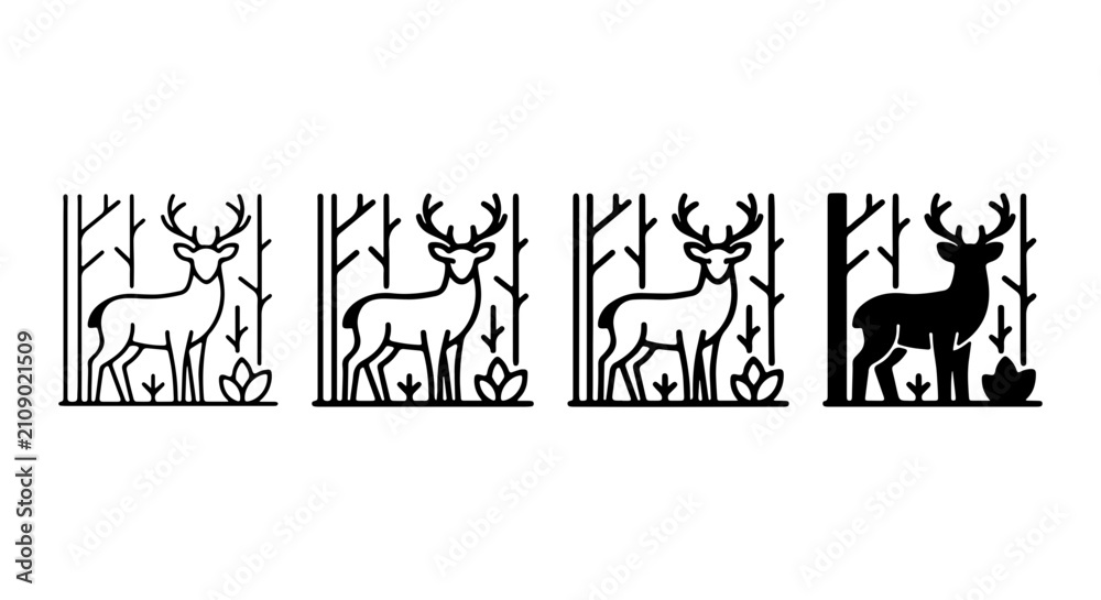 Fototapeta premium Deer in Forest Silhouette Vector Icons, Minimalist Woodland Animal Graphics, Nature Scene Illustrations