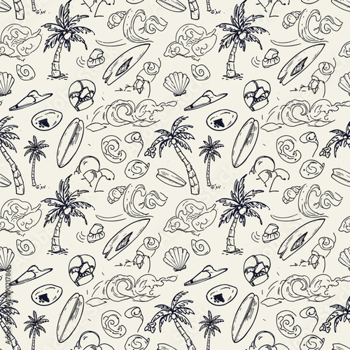 Monochromatic Tropical Beach Sketch Pattern Wallpaper