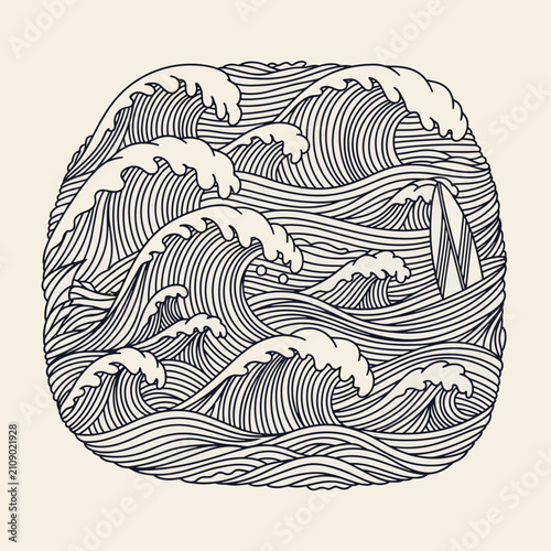Detailed Woodcut Stylized Ocean Wave Stamp