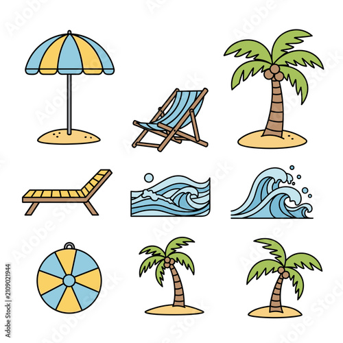 Flat Colorful Beach Holiday Icons Collection