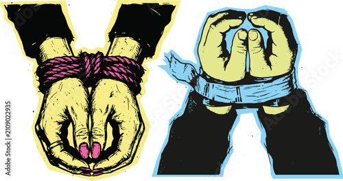 Quadro su tela world day against trafficking in persons Hands tied together with rope represent