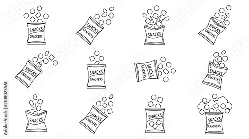 Foto Hand-drawn snack bags with crackers spilling out, vector icons