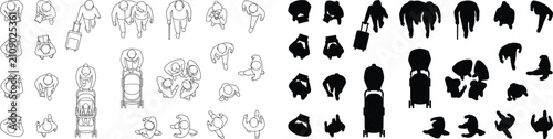 Top View Human Silhouette and Outline Vector Collection with Everyday People Activities