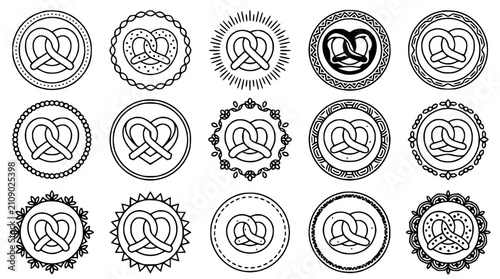 Quadro su tela Set of Pretzel Icons and Symbols, Hand-Drawn Style, Isolated on White Background